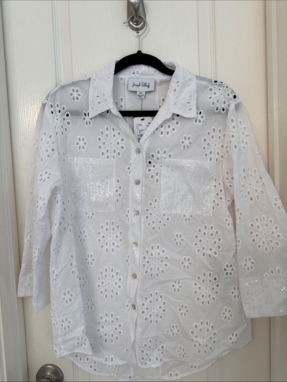 Joseph Ribkoff White Eyelet Sequin Pocket Button-Down Shirt